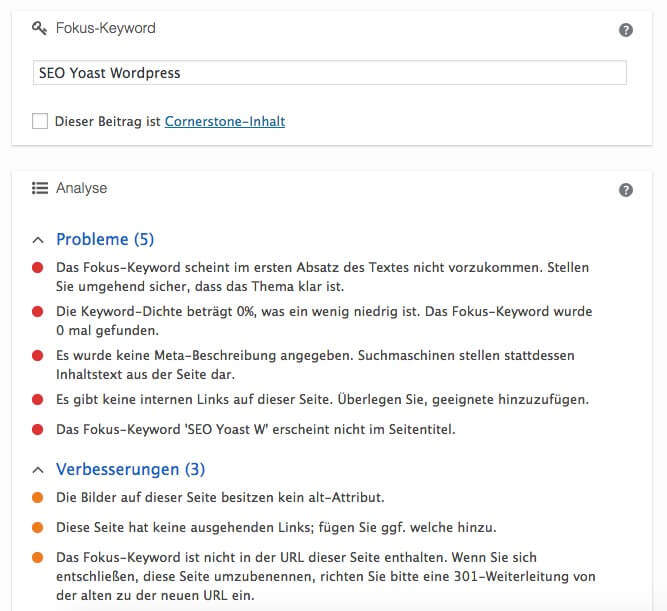 Bild: Fehlermeldungen bei Yoast SEO