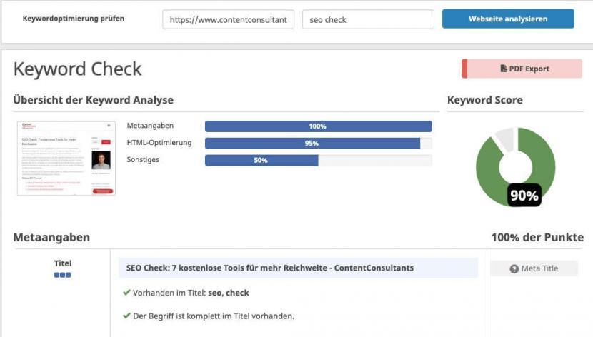 Keyword Check von Seobility mit Keyword Score